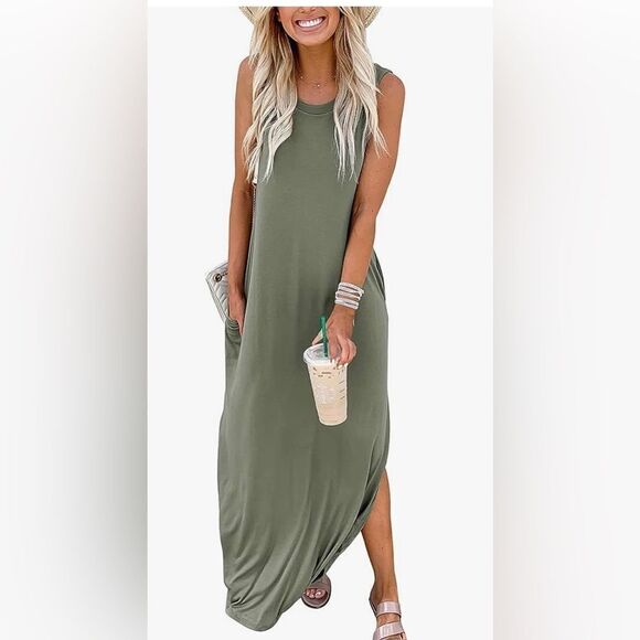 Casual Loose Sundress Long Dress Sleeveless Split Maxi Dresses Dress with Pocket - Picture 5 of 5